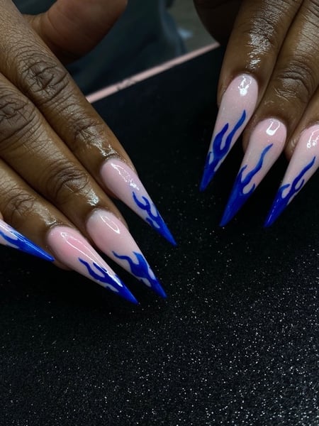 Image of  Nails, Acrylic, Nail Finish, Long, Nail Length, Blue, Nail Color, Pink, Hand Painted, Nail Style, Stiletto, Nail Shape