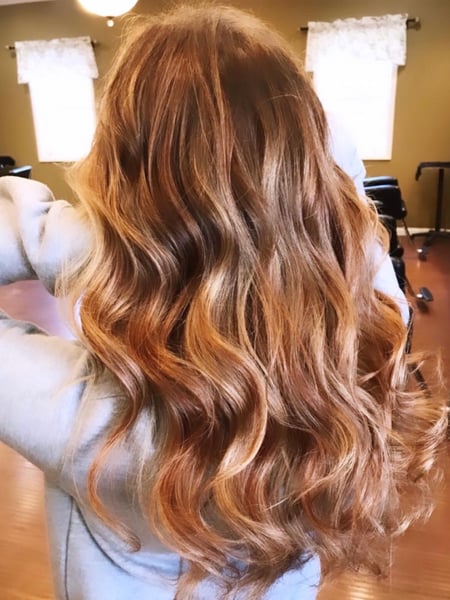 Image of  Curly, Haircuts, Women's Hair, Layered, Hairstyles, Curly, Hair Color, Highlights, Red, Blonde, Balayage, Foilayage, Hair Length, Long