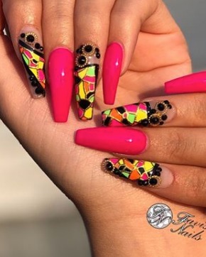 Image of  Nails, Black, Nail Color, Pink, Yellow, Acrylic, Nail Finish, Long, Nail Length, Coffin, Nail Shape, Accent Nail, Nail Style, Hand Painted, Nail Jewels