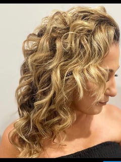 View Curly, Foilayage, Hair Color, Women's Hair, Balayage, Bridal, Hairstyles, Beachy Waves, Haircuts - April Talotta, Philadelphia, PA