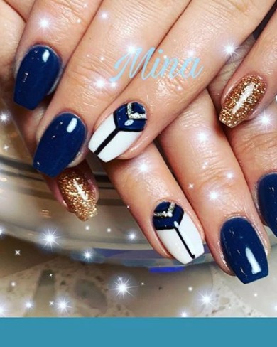 Image of  Nails, Blue, Nail Color, Glitter, Gold, White, Gel, Nail Finish, Medium, Nail Length, Almond, Nail Shape, Accent Nail, Nail Style, Hand Painted