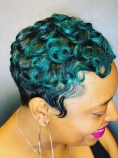 View Women's Hair, Fashion Color, Hair Color, Pixie, Short Ear Length, Curly, Haircuts - Qualita Avery, Jonesboro, GA