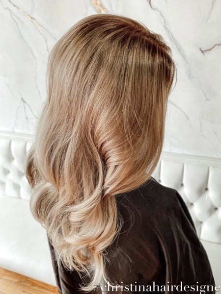 Image of  Women's Hair, Hair Color, Balayage, Blonde, Brunette, Color Correction, Foilayage, Full Color, Highlights, Hair Length, Medium Length, Shoulder Length, Long, Haircuts, Bangs, Blunt, Curly, Hairstyles, Beachy Waves