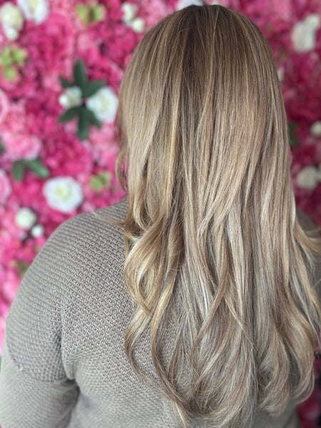 Image of  Women's Hair, Hair Color, Balayage, Blonde, Color Correction, Foilayage, Long, Hair Length, Blunt, Haircuts, Layered