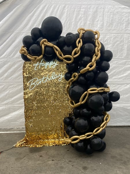 Image of  Balloon Decor, Arrangement Type, Helium Bouquet, Balloon Wall, Balloon Composition, Balloon Garland, Balloon Arch, Event Type, Birthday, Baby Shower, Wedding, Graduation, Holiday, Valentine's Day, Corporate Event, Colors, Gold, Black, Glitter, Accents, Lighted Signs, Balloon Column, School Pride