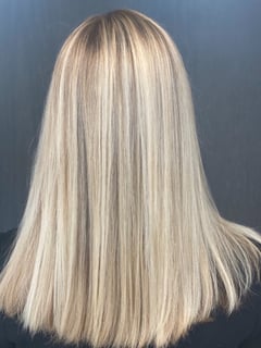 View Women's Hair, Blonde, Hair Color, Highlights, Shoulder Length, Hair Length, Blunt, Haircuts, Straight, Hairstyles - Rush Montagne, Raleigh, NC