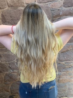 View Balayage, Curly, Hairstyles, Beachy Waves, Haircuts, Blunt, Highlights, Color Correction, Blonde, Hair Color, Women's Hair - Becca Herforth, Douglassville, PA