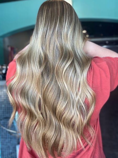 Image of  Women's Hair, Hair Color, Balayage, Blonde, Foilayage, Highlights, Long, Hair Length, Haircuts, Blunt, Beachy Waves, Hairstyles, Curly