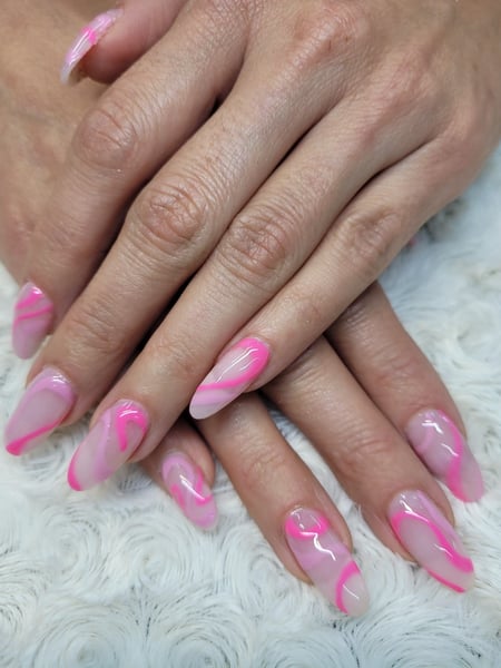 Image of  Nails, Nail Finish, Acrylic, Nail Length, Medium, Nail Color, Clear, Pink, Nail Style, Hand Painted, Nail Shape, Almond