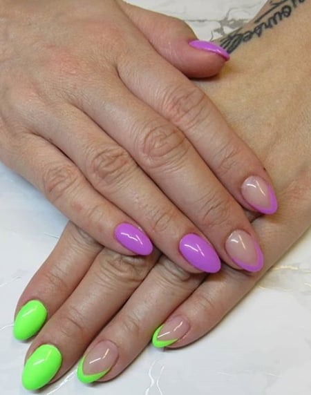 Image of  Nails, Manicure, Purple, Nail Color, Neon, Green, Clear, Gel, Nail Finish, Medium, Nail Length, Almond, Nail Shape, Mix-and-Match, Nail Style