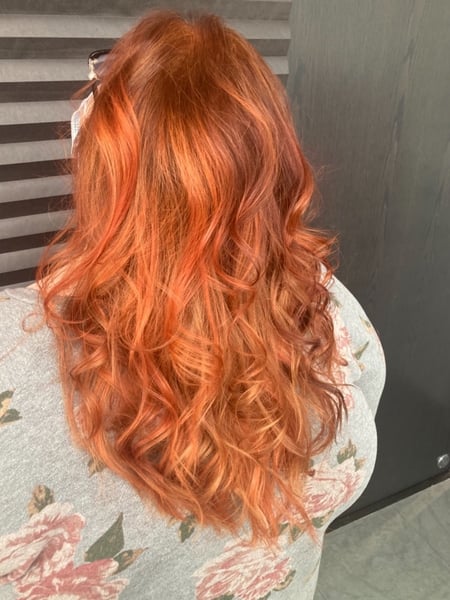 Image of  Women's Hair, Highlights, Hair Color, Full Color, Ombré, Red, Fashion Color, Hair Length, Long, Layered, Haircuts, Curly, Curly, Hairstyles, Beachy Waves