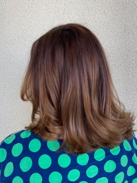 Image of  Women's Hair, Balayage, Hair Color, Brunette, Color Correction, Foilayage, Ombré, Shoulder Length, Hair Length, Bangs, Haircuts, Blunt, Straight, Hairstyles