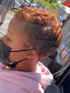 View Perm, Perm Relaxer, Hair Texture, 4C, Hairstyles, Curly, Haircuts, Layered, Short Ear Length, Pixie, Hair Color, Full Color, Women's Hair - April McTaggart, New York, NY