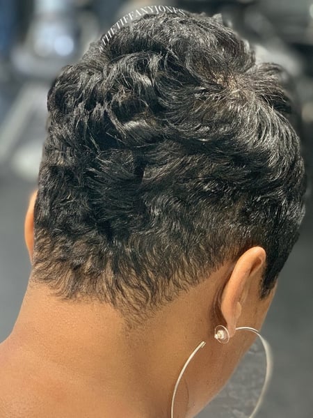 Image of  Shaved, Haircuts, Women's Hair, Layered, Curly, Curly, Hairstyles, Perm Relaxer, Perm, Black, Hair Color, Short Ear Length, Hair Length, Pixie