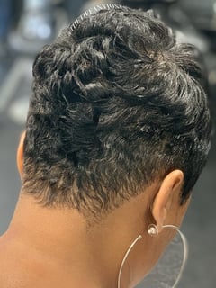 View Pixie, Hair Length, Short Ear Length, Hair Color, Curly, Women's Hair, Layered, Curly, Black, Perm, Perm Relaxer, Hairstyles, Shaved, Haircuts - Tiffany Jones, Charlotte, NC
