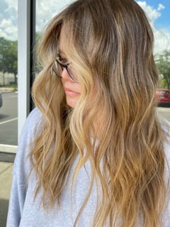 View Women's Hair, Curls, Hairstyle, Beachy Waves, Layers, Curly, Haircut, Bangs, Long Hair (Mid Back Length), Hair Length, Highlights, Foilayage, Blonde, Balayage, Hair Color, Blowout - Ashley Blevins, Oviedo, FL