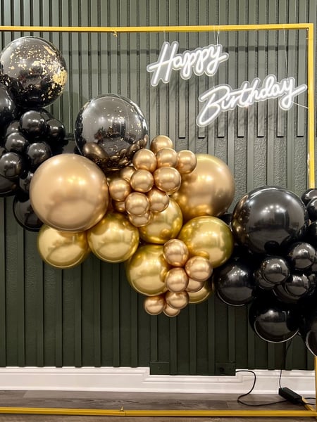 Image of  Balloon Decor, Event Type, Birthday, Graduation, Holiday, Corporate Event, Colors, Gold, Black, Accents, Lighted Signs