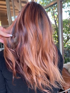 View Women's Hair, Balayage, Hair Color, Fashion Color, Red, Shoulder Length, Hair Length, Medium Length, Layered, Haircuts, Beachy Waves, Hairstyles - Tiffany Mae, San Diego, CA