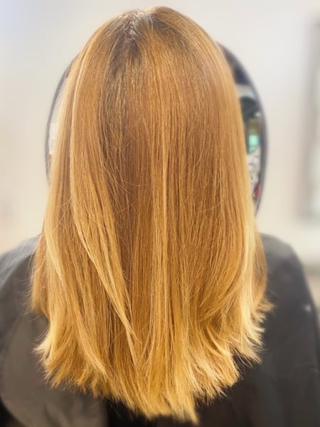 Image of  Women's Hair, Balayage, Hair Color, Blonde, Highlights, Red, Medium Length, Hair Length, Straight, Hairstyles