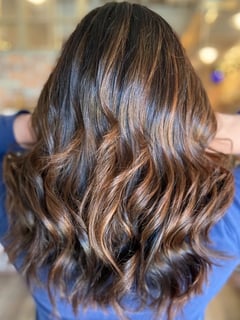 View Women's Hair, Hair Color, Blowout, Brunette, Foilayage, Highlights, Hair Length, Long, Haircuts, Layered, Hairstyles, Beachy Waves - Kati Carlson, Broomfield, CO