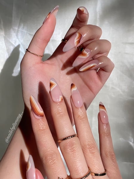 Image of  Nails, Manicure, Gel, Nail Finish, Medium, Nail Length, Long, Beige, Nail Color, Brown, White, Hand Painted, Nail Style, Nail Art, Mix-and-Match, Almond, Nail Shape, Oval