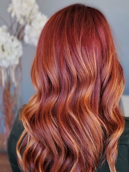 Image of  Women's Hair, Hair Color, Balayage, Red, Long, Hair Length, Layered, Haircuts, Beachy Waves, Hairstyles