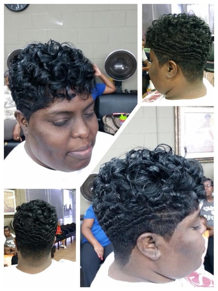 Image of  Shaved, Haircuts, Women's Hair, Curly, Hairstyles, Perm Relaxer, Perm, Black, Hair Color, Pixie, Short Ear Length, Hair Length