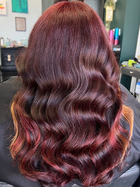 Image of  Haircuts, Red, Fashion Color, Balayage, Brunette, Hairstyles, Curly, Women's Hair, Hair Color, Layered, Hair Length, Curly, Full Color, Medium Length