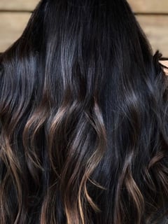 View Women's Hair, Brunette, Hair Color, Highlights, Long, Hair Length, Layered, Haircuts, Beachy Waves, Hairstyles - Quothia Wolf, Corona del Mar, CA