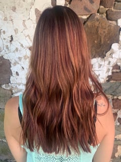 View Women's Hair, Hair Color, Fashion Color, Foilayage, Highlights, Red, Long, Hair Length, Layered, Haircuts, Beachy Waves, Hairstyles, Curly - Becca Herforth, Douglassville, PA