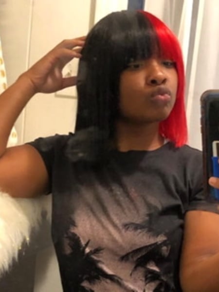 Image of  Women's Hair, Hair Color, Black, Red, Fashion Color, Shoulder Length, Hair Length, Bangs, Haircuts, Blunt, Bob, Braids (African American), Hairstyles, Hair Extensions, Natural, Protective, Straight, Weave
