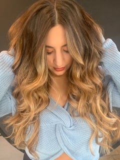 View Foilayage, Balayage, Hair Color, Highlights, Beachy Waves, Hairstyles, Blowout, Curly, Women's Hair, Haircuts, Layered, Brunette, Hair Length, Medium Length - Samantha Casillo, Little Falls, NJ
