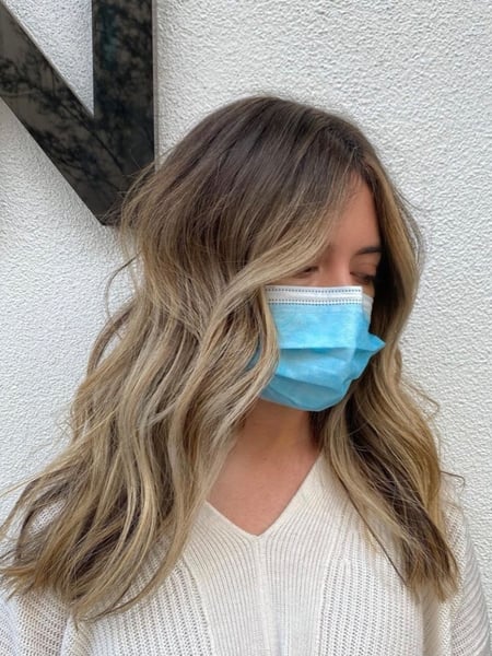 Image of  Women's Hair, Balayage, Hair Color, Blonde, Color Correction, Fashion Color, Foilayage, Full Color, Highlights, Ombré, Curly, Haircuts, Layered, Beachy Waves, Hairstyles, Curly