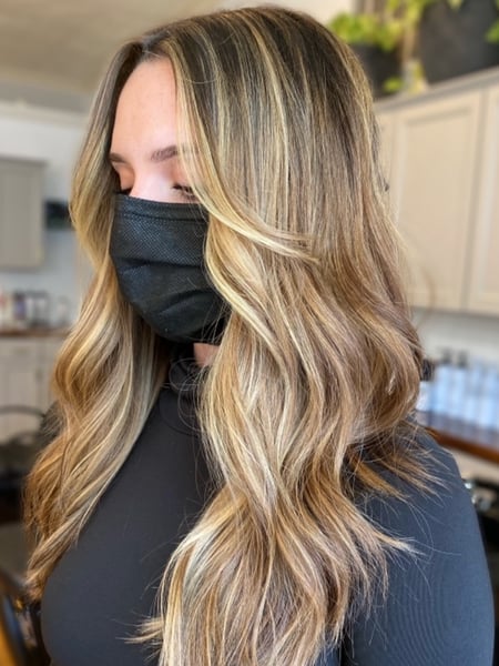 Image of  Women's Hair, Blowout, Hair Color, Balayage, Blonde, Foilayage, Highlights, Full Color, Ombré, Hair Length, Long, Haircuts, Layered, Beachy Waves, Hairstyles, Curly