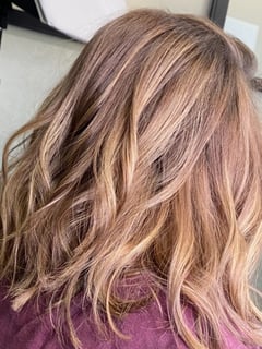 View Women's Hair, Beachy Waves, Hairstyle, Layers, Haircut, Shoulder Length Hair, Hair Length, Foilayage, Brunette Hair, Balayage, Hair Color, Blowout - Julia Sanders, Plymouth Meeting, PA