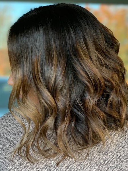 Image of  Women's Hair, Blowout, Hair Color, Balayage, Brunette, Foilayage, Shoulder Length, Hair Length, Layered, Haircuts, Beachy Waves, Hairstyles