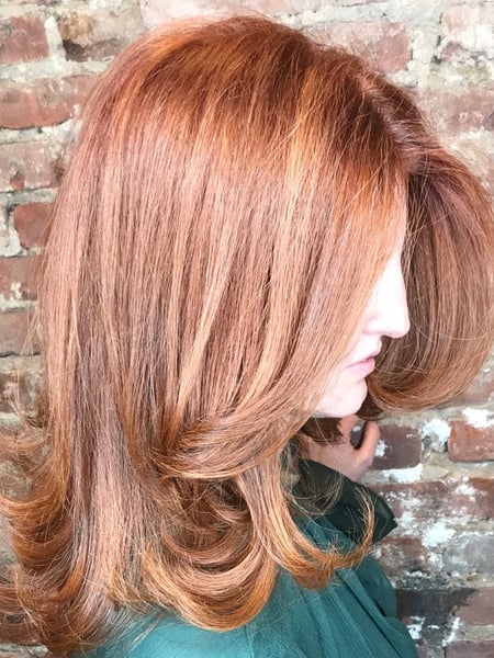 Image of  Women's Hair, Blowout, Hair Color, Balayage, Full Color, Red, Shoulder Length, Hair Length, Medium Length, Layered, Haircuts, Curly, Straight, Hairstyles