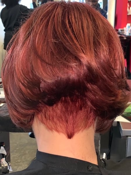 Image of  Women's Hair, Red, Hair Color, Full Color, Highlights, Short Ear Length, Hair Length, Short Chin Length, Bob, Haircuts, Blunt, Layered, Shaved, Straight, Hairstyles