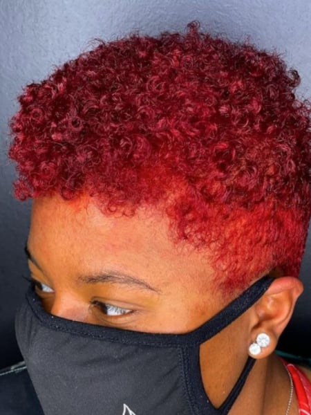 Image of  Women's Hair, Red, Hair Color, Pixie, Short Ear Length, Curly, Haircuts