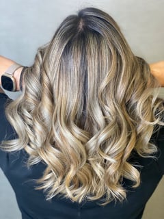 View Layered, Haircuts, Women's Hair, Curly, Blowout, Beachy Waves, Hairstyles, Curly, Foilayage, Hair Color, Highlights, Balayage, Blonde, Ombré, Long, Hair Length - Thelma Rose, Vallejo, CA