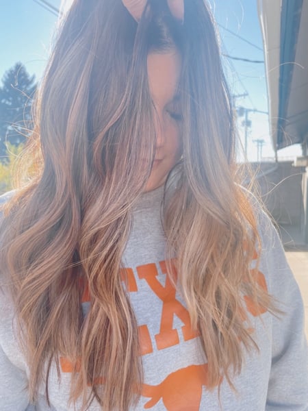 Image of  Women's Hair, Blowout, Hair Color, Balayage, Brunette, Blonde, Medium Length, Hair Length, Blunt, Haircuts, Beachy Waves, Hairstyles, Curly