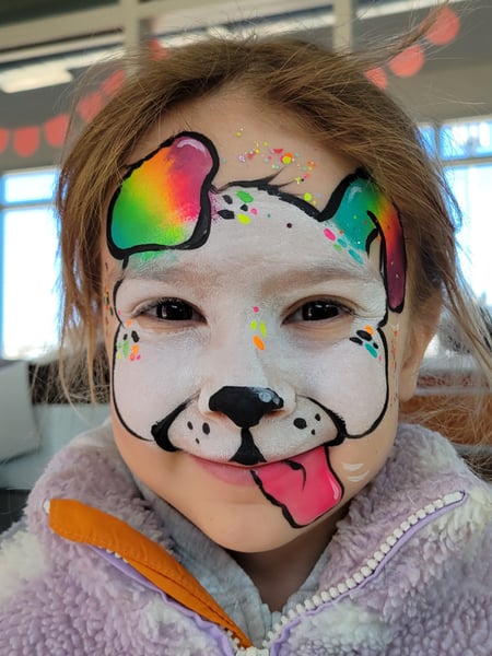 Image of  Face Painting, Animals, Puppy, Shapes & Things, Mask, Embellishments, Glitter, Rainbow