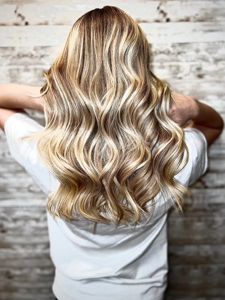Image of  Women's Hair, Hair Color, Balayage, Blonde, Color Correction, Highlights, Blowout, Hair Length, Medium Length, Haircuts, Beachy Waves, Hairstyles, Layered