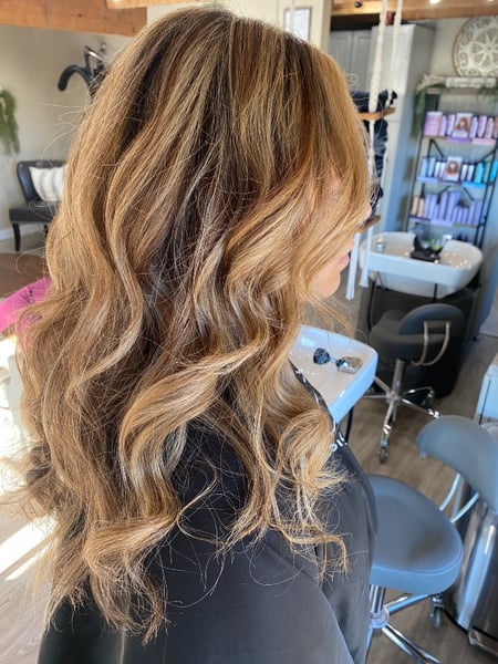 Image of  Layered, Haircuts, Women's Hair, Curly, Bangs, Blowout, Hairstyles, Curly, Beachy Waves, Highlights, Hair Color, Full Color, Blonde, Balayage, Brunette, Foilayage, Long, Hair Length