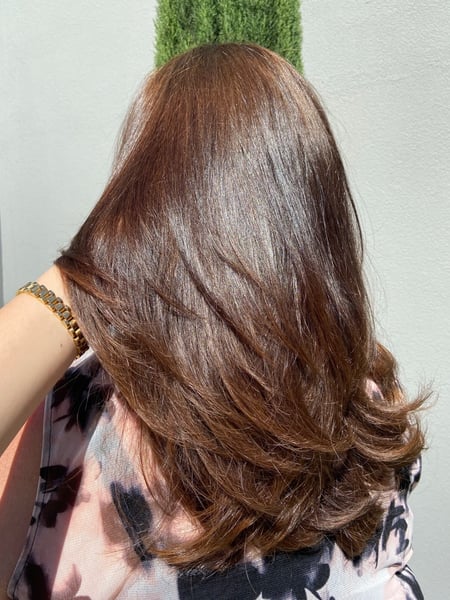 Image of  Women's Hair, Brunette, Hair Color, Full Color, Medium Length, Hair Length, Layered, Haircuts, Natural, Hairstyles, Permanent Hair Straightening