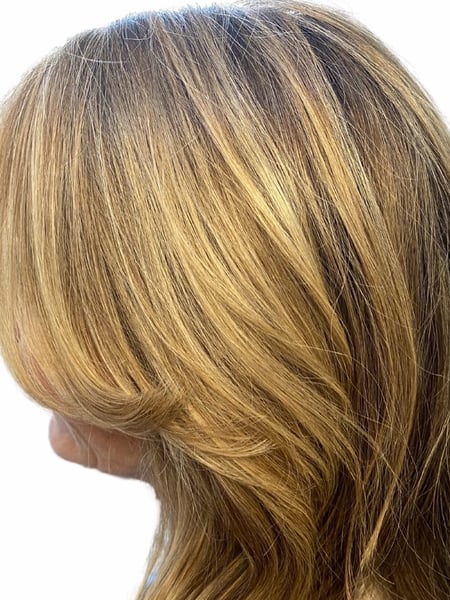 Image of  Women's Hair, Foilayage, Hair Color, Highlights, Medium Length, Hair Length, Bangs, Haircuts