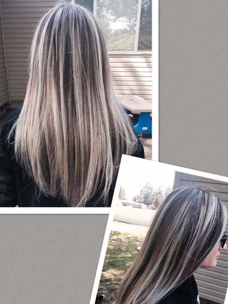 Image of  Women's Hair, Hair Color, Blowout, Balayage, Brunette, Blonde, Fashion Color, Highlights, Foilayage, Silver, Long, Hair Length, Layered, Haircuts, Straight, Hairstyles