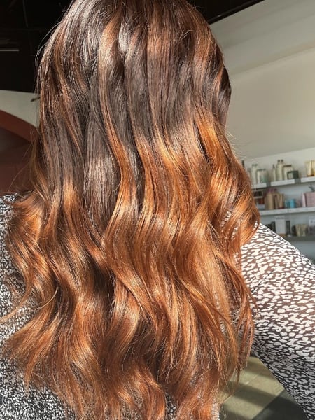 Image of  Layered, Haircuts, Women's Hair, Beachy Waves, Hairstyles, Natural, Red, Hair Color, Brunette, Foilayage, Highlights, Full Color, Balayage, Ombré