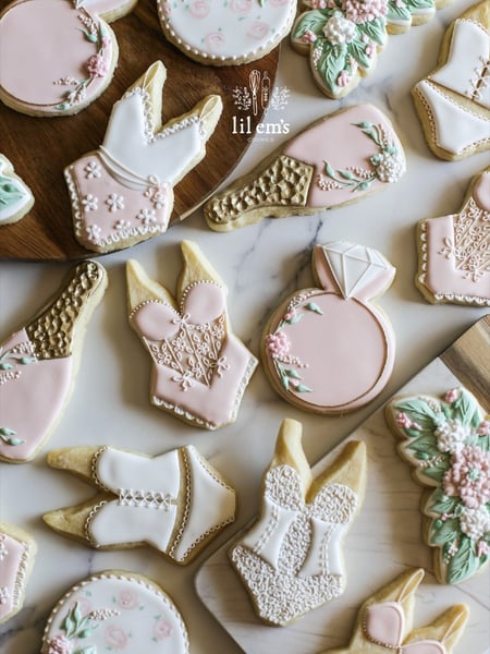 Image of  Cookies, Occasion, Wedding, Valentine's Day, Engagement, Color, Green, Pastel, Pink, White, Theme, Engagement