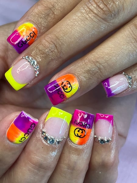 Image of  Manicure, Nails, Short, Nail Length, Color Block, Nail Style, Hand Painted, Mix-and-Match, Neon, Nail Color, Purple, Pink, White, Yellow, Orange, Acrylic, Nail Finish, Square, Nail Shape